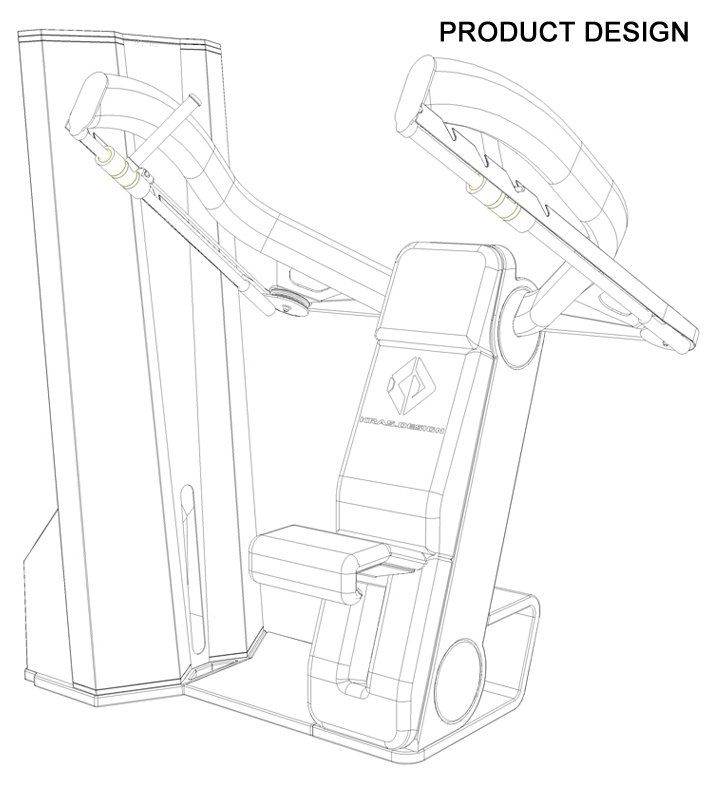 Line drawing of a product design for a fitness machine with a seated console and overhead canopy.