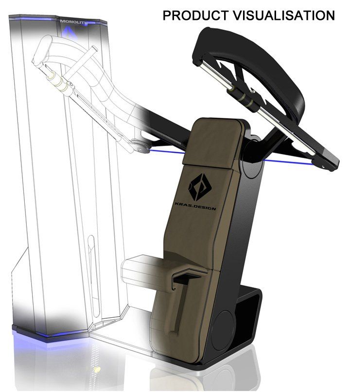 Product visualization of a black and tan coffee machine with a cup holder and open top lid