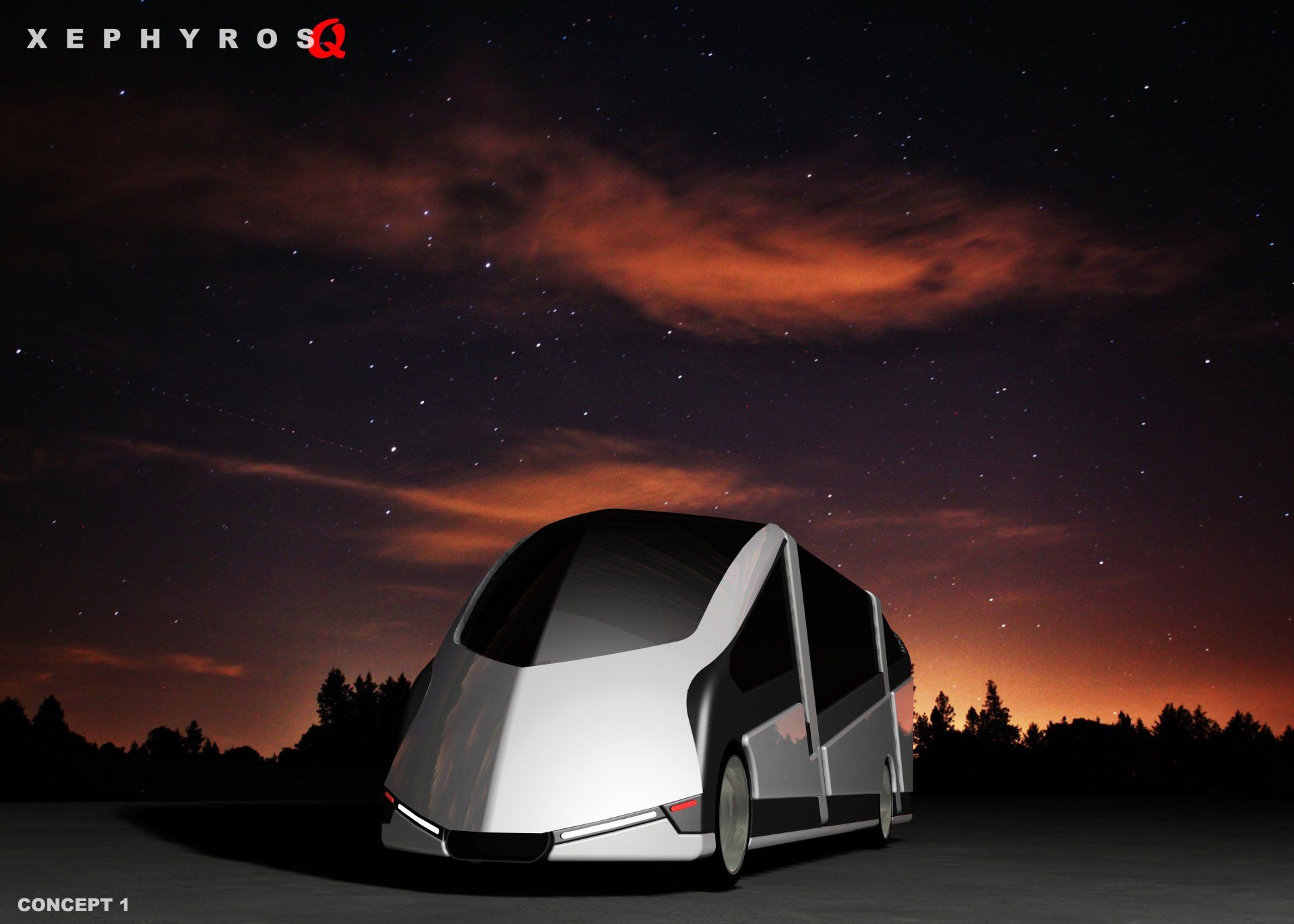 Futuristic silver concept vehicle parked under a starry dusk sky with orange clouds