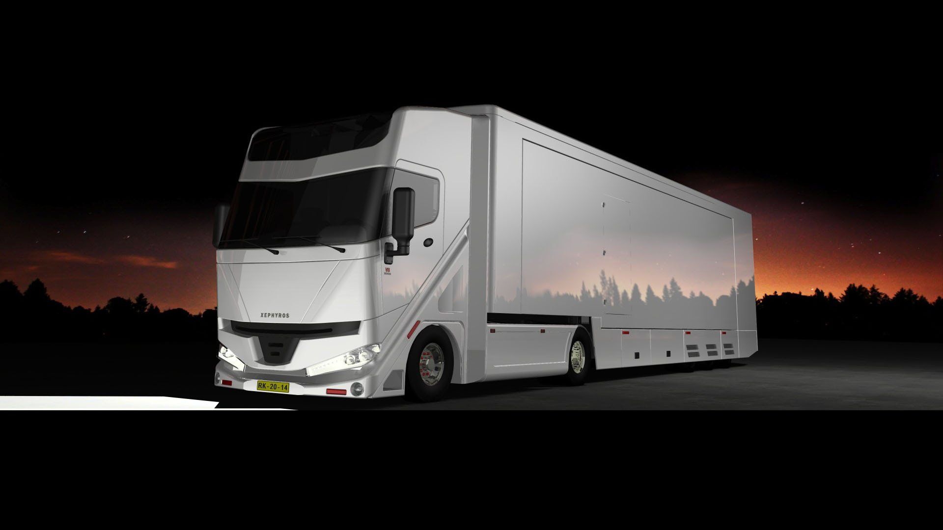White semi-truck on a road at dusk, with a dark sunset sky and glowing orange horizon behind it