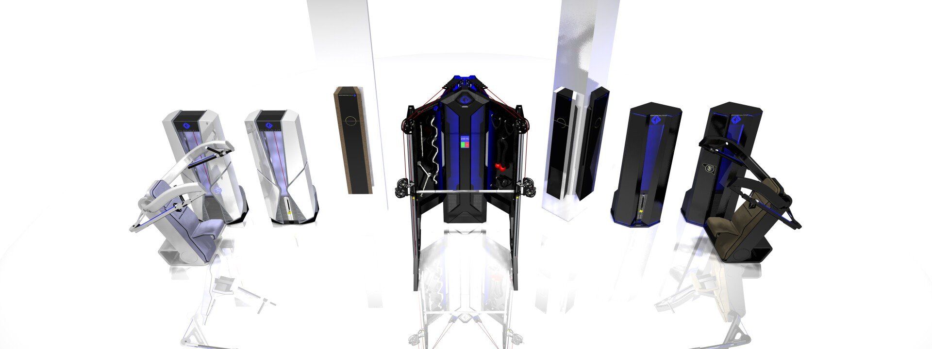 Exploded view of a black-and-blue folding chair with detached parts arranged in a row