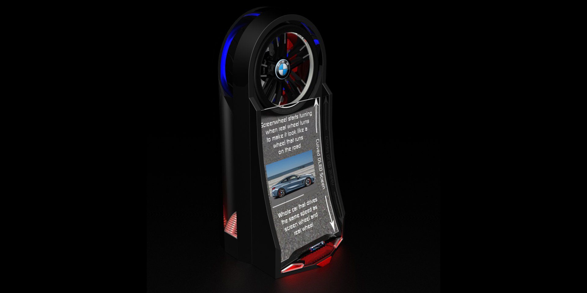 Black digital kiosk with a circular top display and red-lit base on a dark background