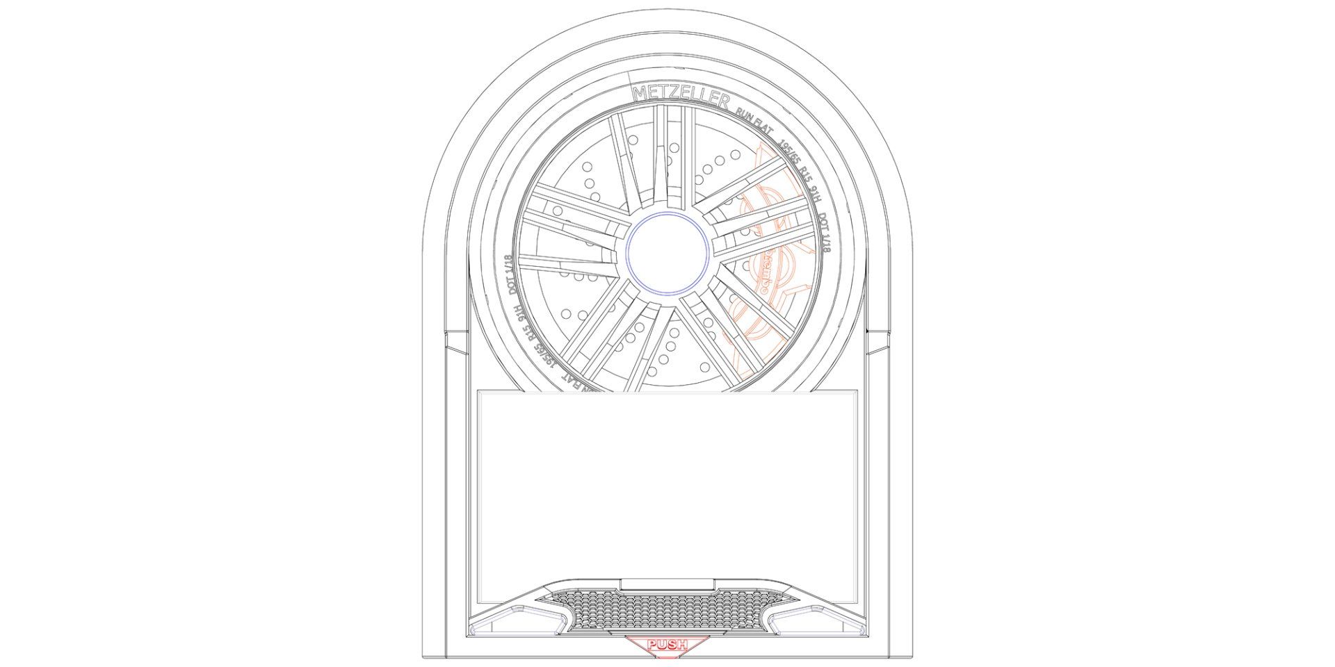 Line-art of a large arched window with a central circular stained-glass design and decorative border