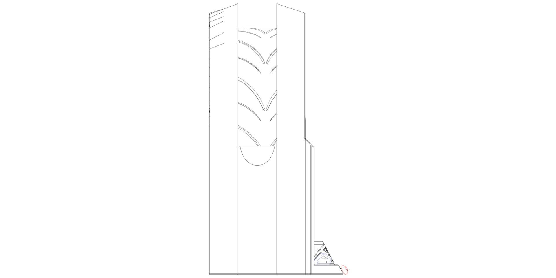 Tall white building with a zigzag pattern and a small triangular structure at the base