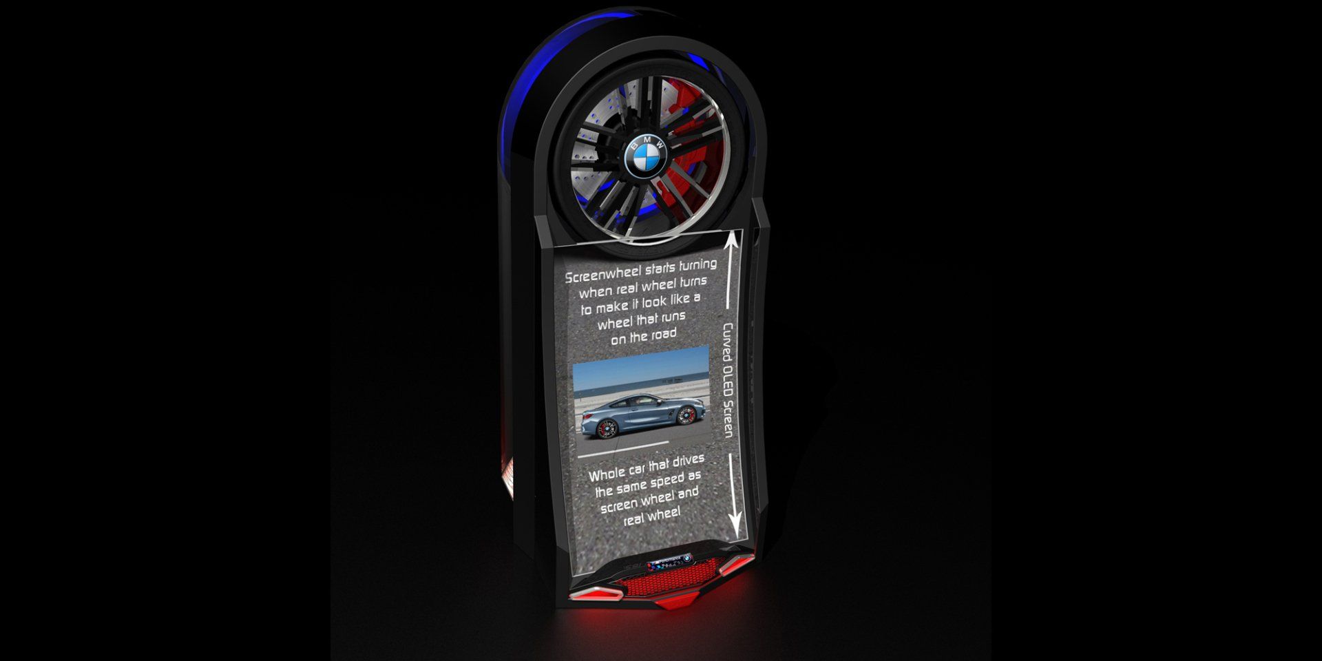 Black freestanding sign with a circular top display and text, lit with blue and red accents on a dark background