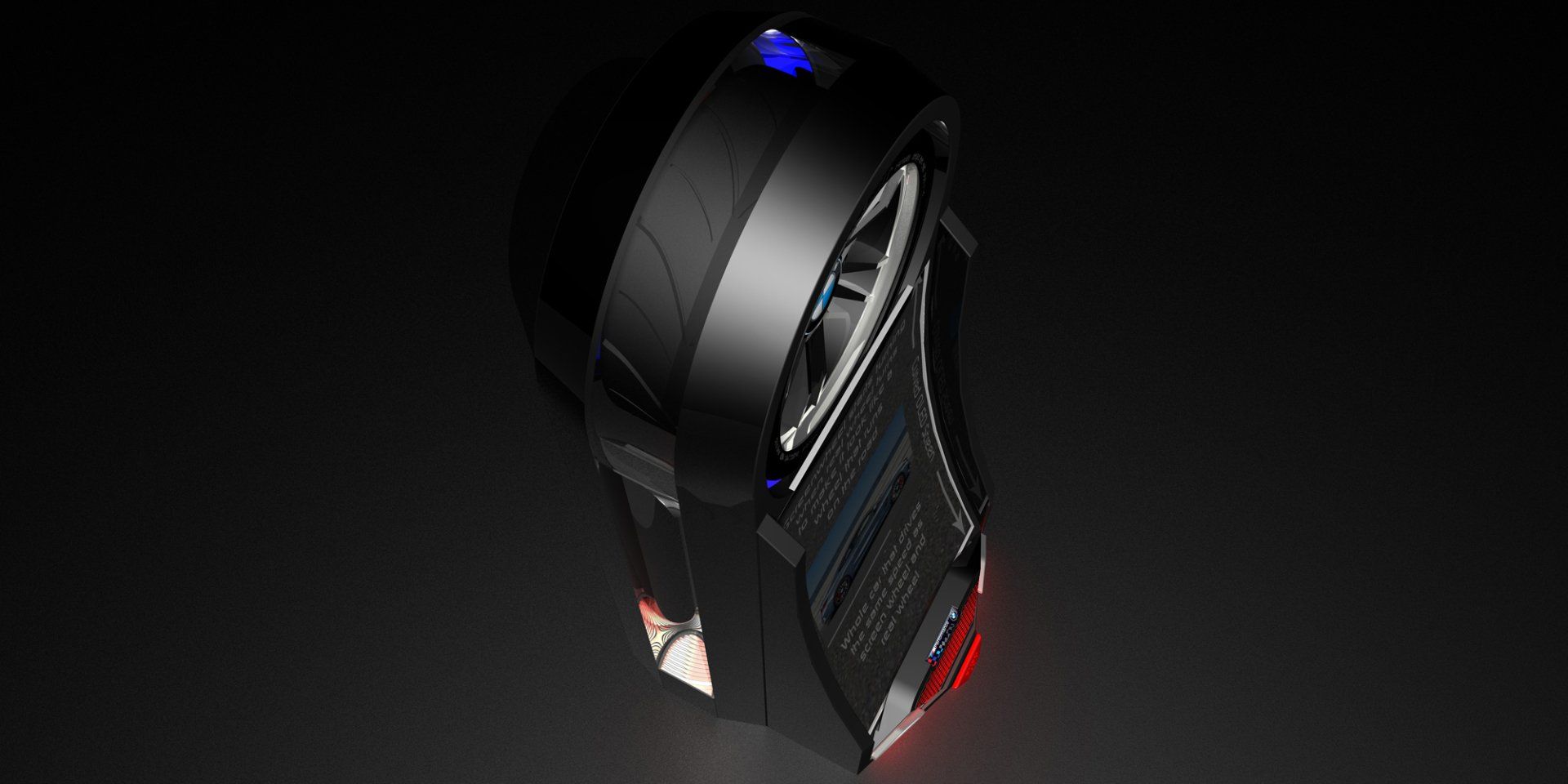 A sleek black gaming mouse with blue and red LED accents on a dark background