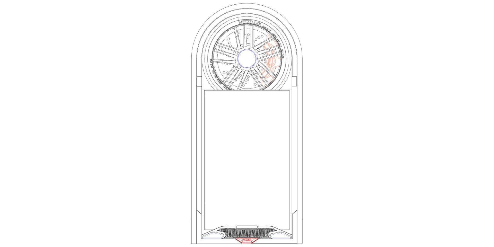 Decorative arched window with a circular stained-glass design above a blank white panel