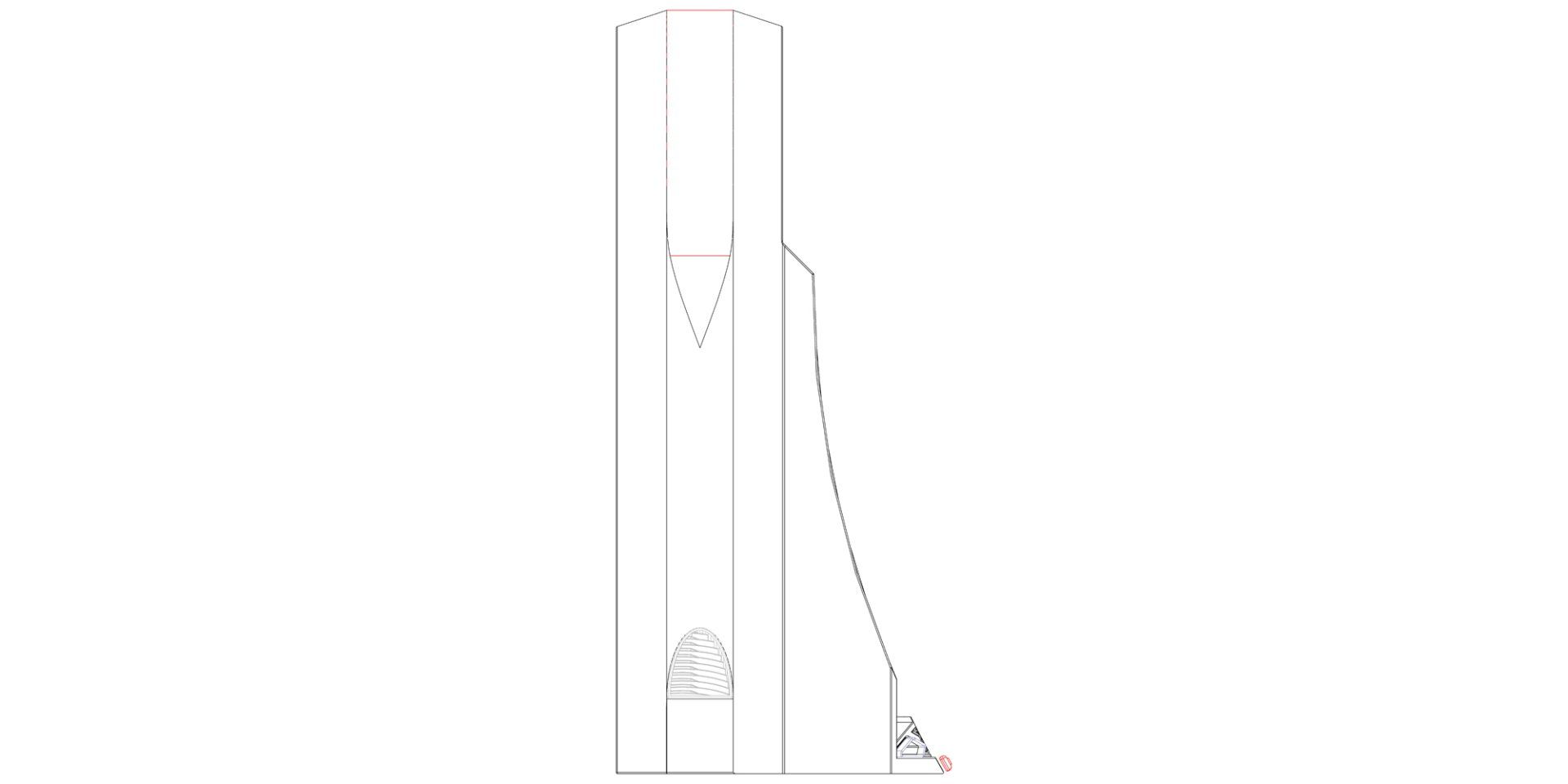 Diagram of a tall rectangular device with a downward arrow and a small side figure for scale