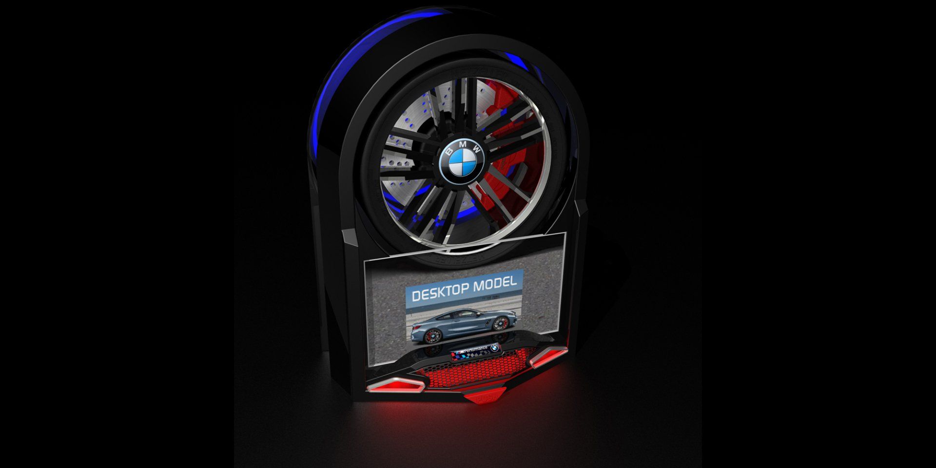 A black electronic device with a circular red and blue fan-like display and a small screen at the bottom.