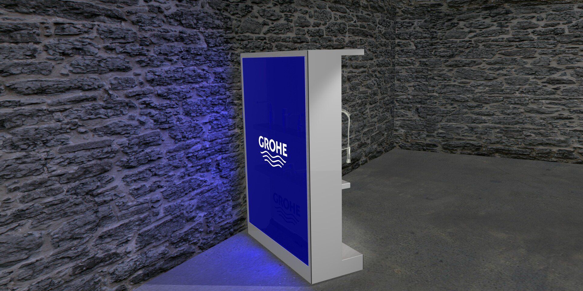Blue-and-white digital kiosk glowing in a dim stone-walled room