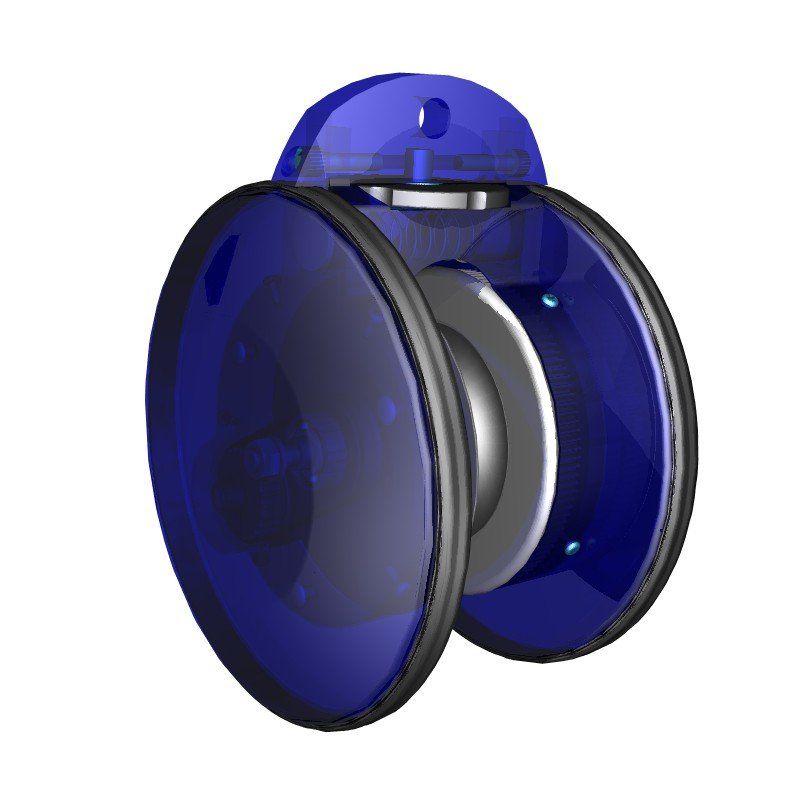 Blue translucent speaker with silver center, shown in 3D on a white background