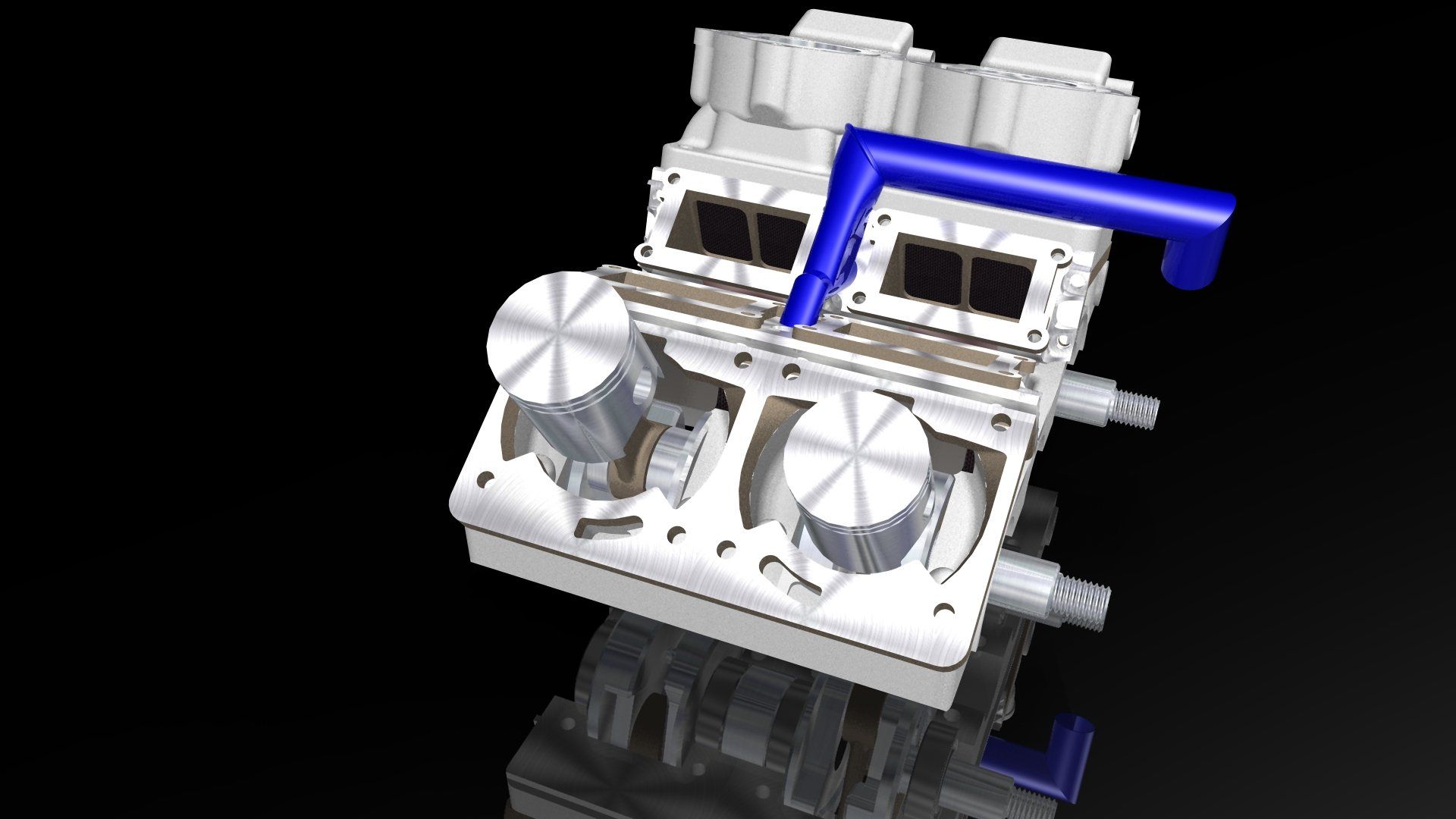 White mechanical device with blue tubing and fan-like circular parts on a black background