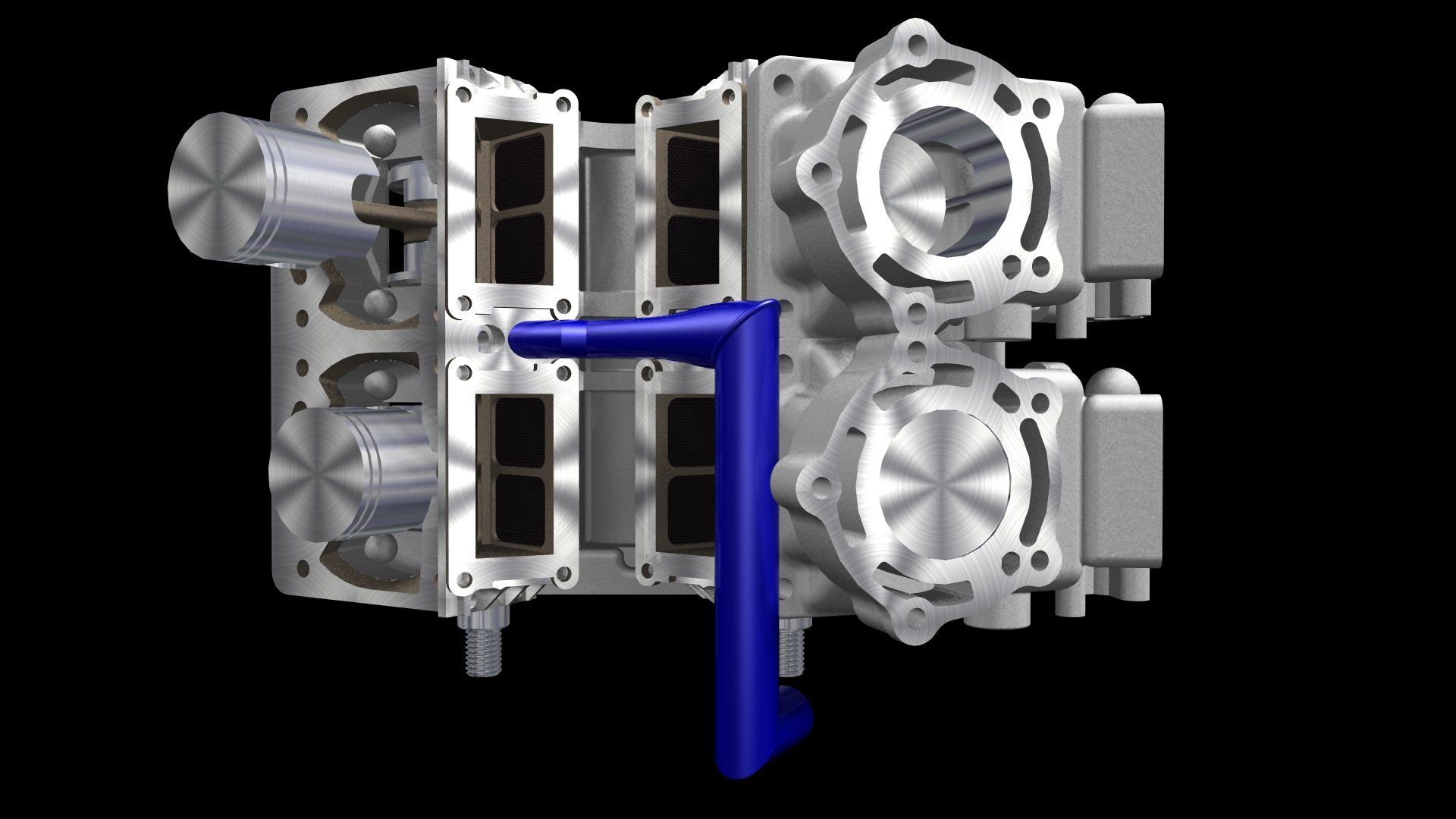 Metal mechanical assembly with silver components and a blue L-shaped bracket