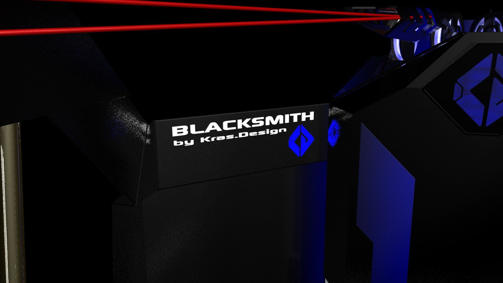 Blacksmith logo on a dark, blue-lit gaming setup with red light streaks overhead