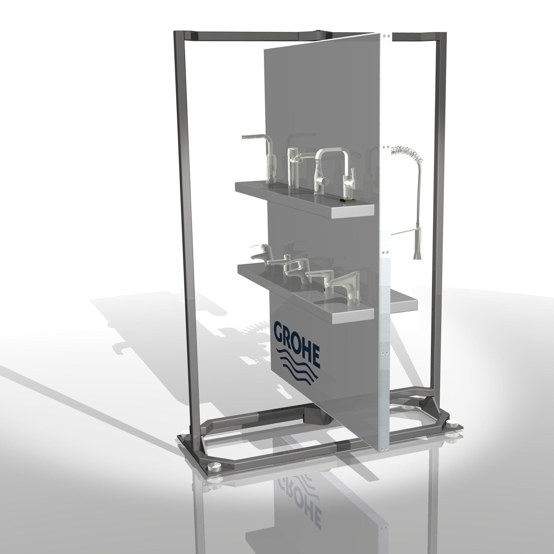 Gray 3D CAD rendering of a metal shelving/display unit with pipes and fixtures on a reflective floor