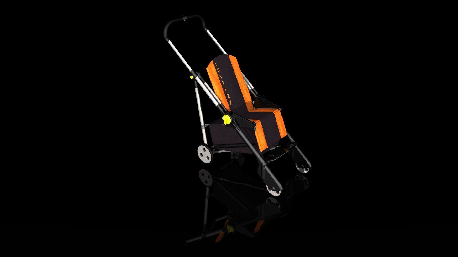 Orange-and-black foldable stroller or cart on a black background, shown at an angle.
