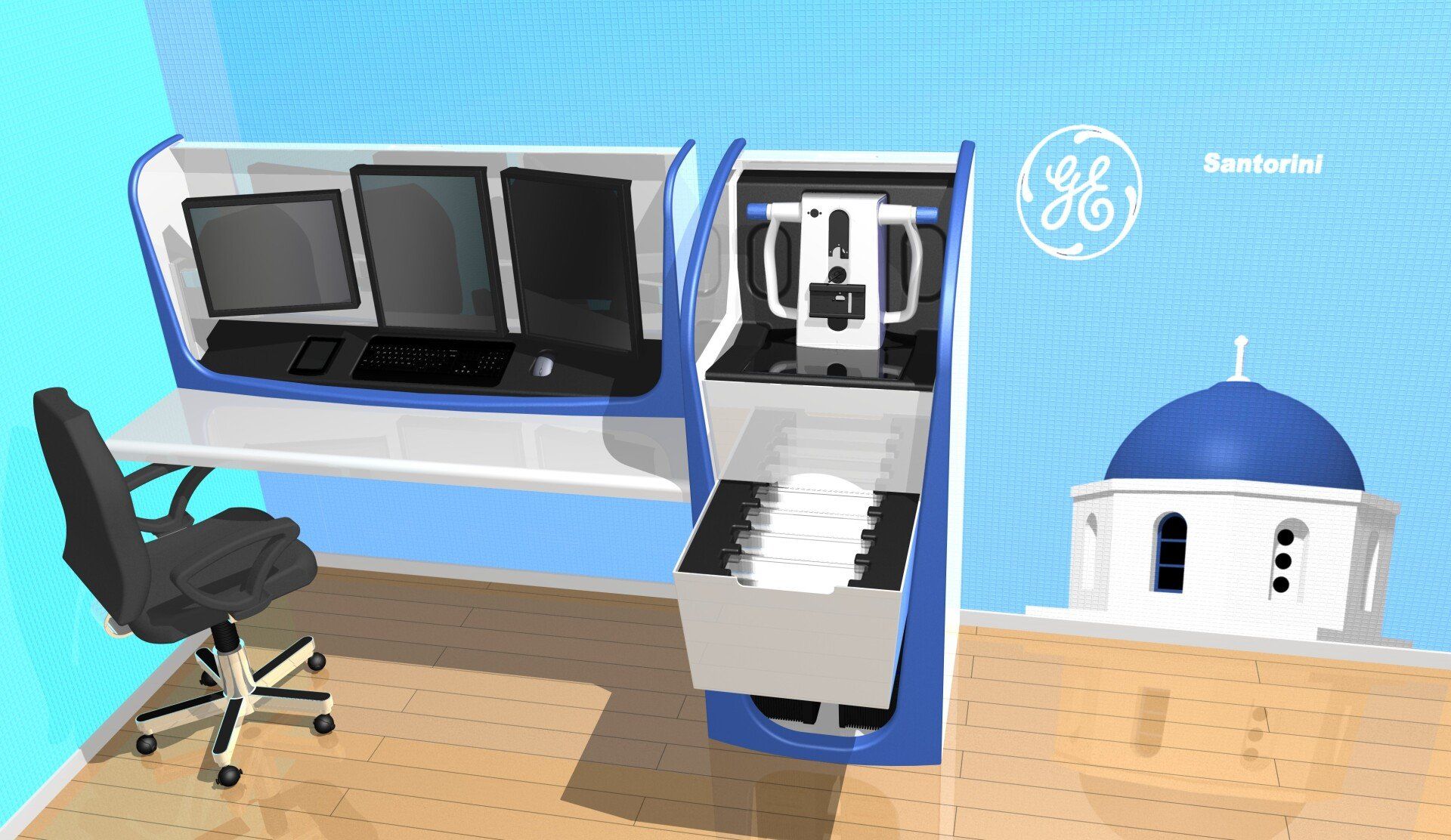 Modern blue-and-white gaming desk setup with monitors, chair, PC tower, and a small dome building model