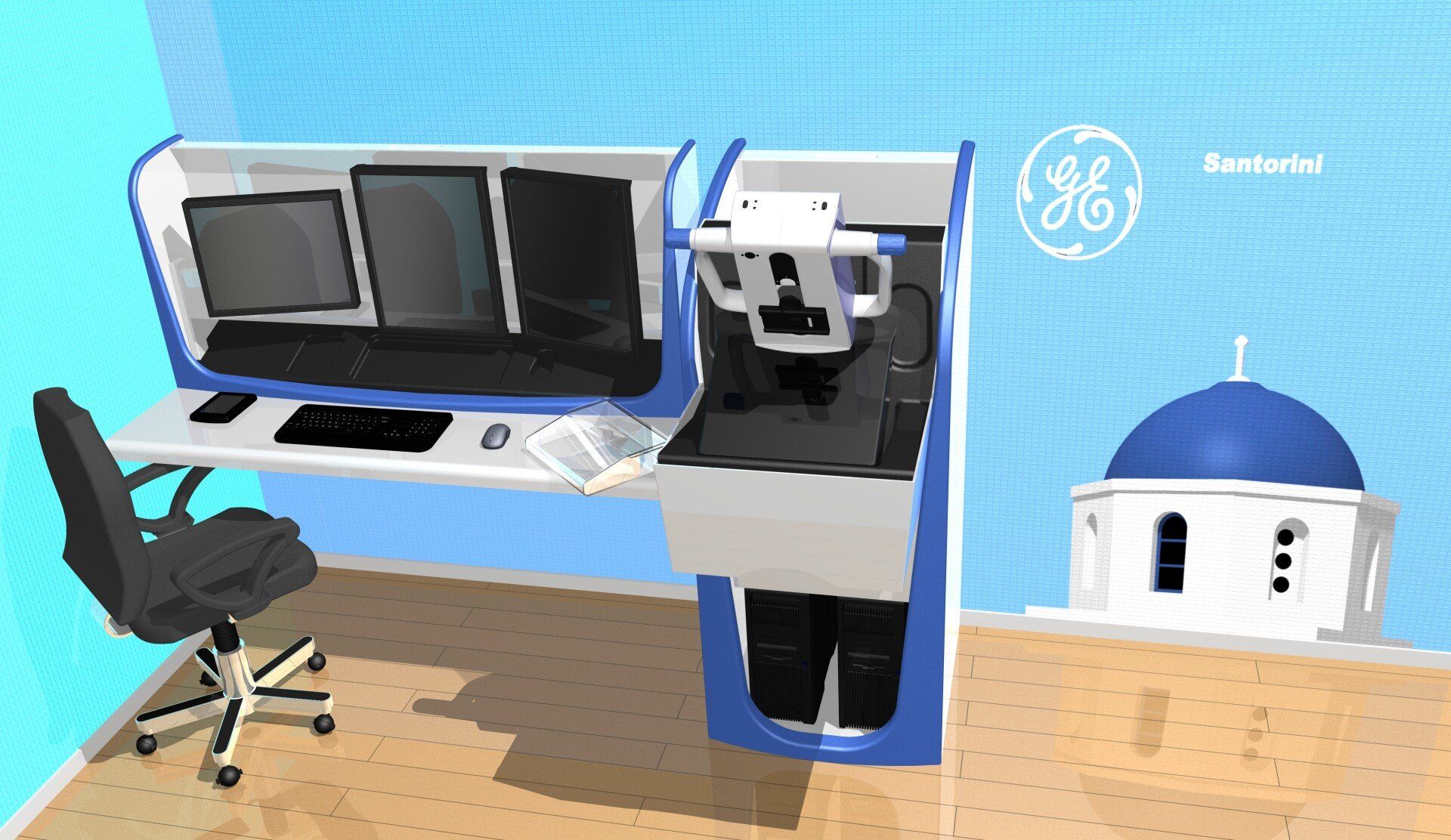 Modern desk with dual monitors, gaming chair, and blue machine beside a small white-and-blue dome building.