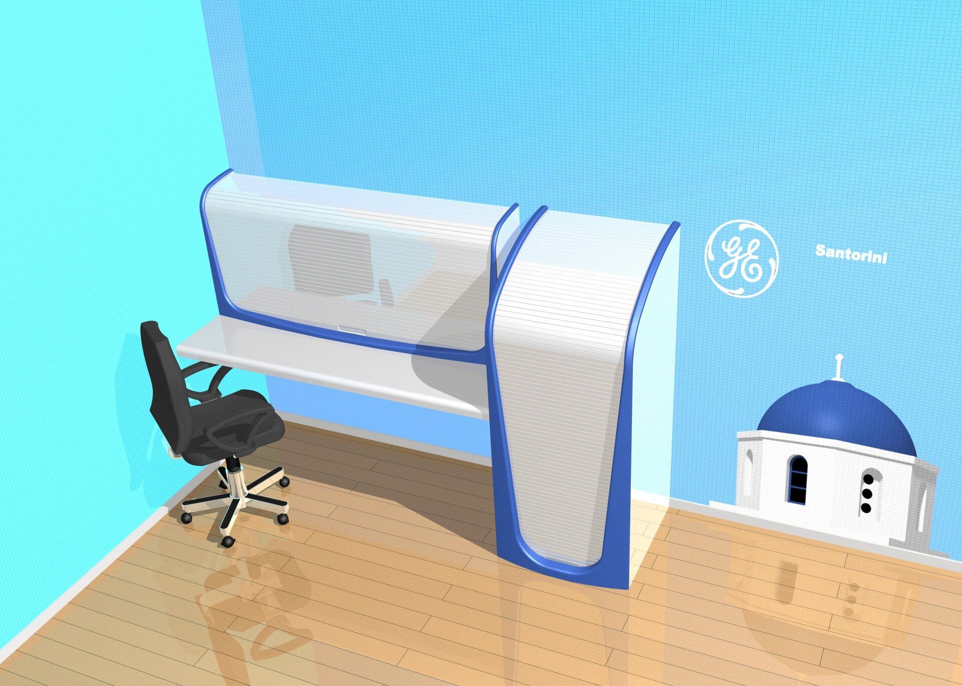 Modern office pod with a desk chair, blue trim, and a small GE-branded dome structure in a bright room