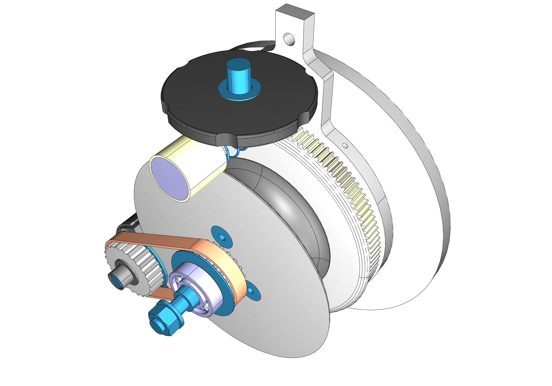 3D mechanical gear assembly with gray disk, black top knob, and blue shaft components