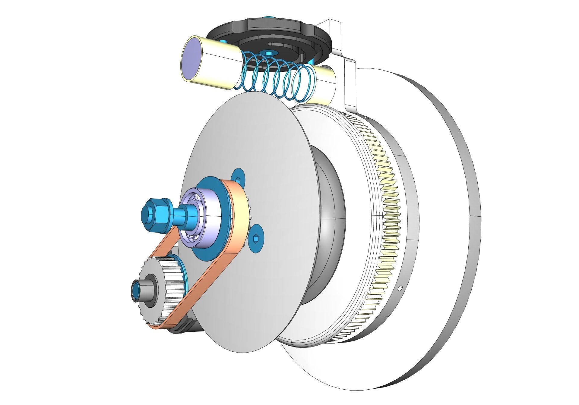 Exploded view of a mechanical disc brake assembly with rotor, caliper, pads, and spring components.