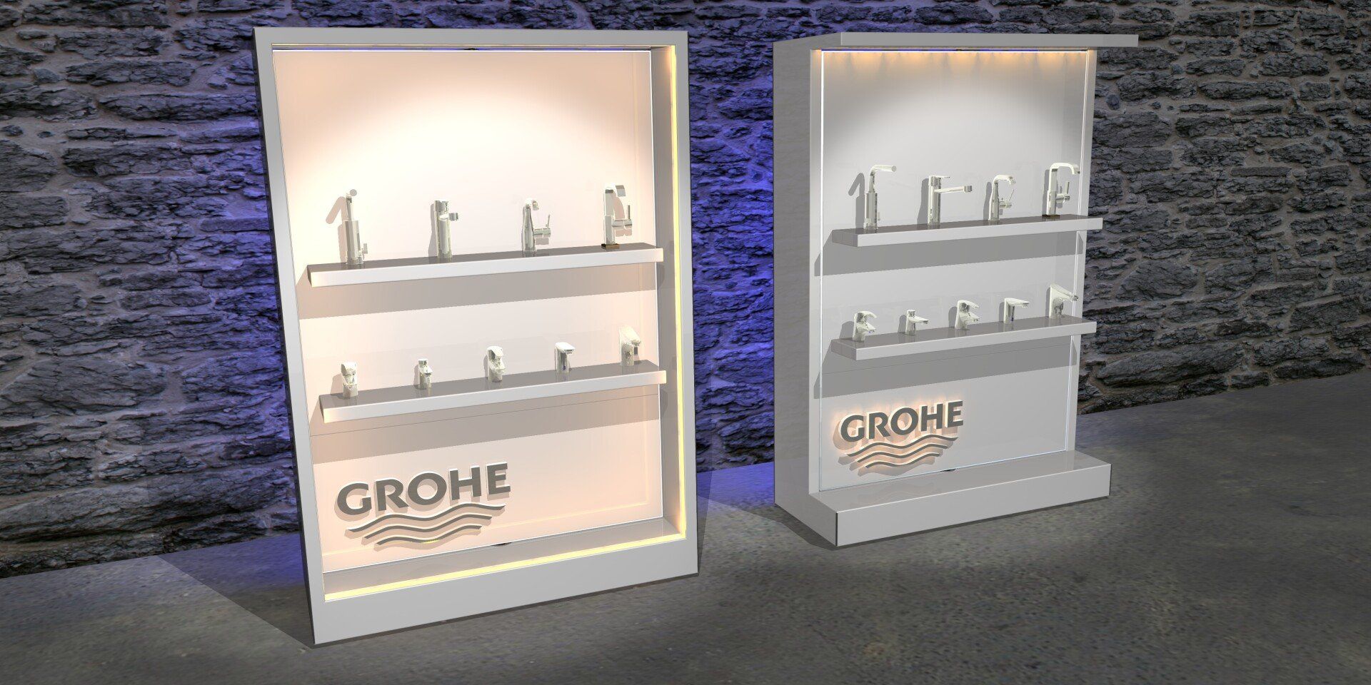 Two illuminated GROHE display kiosks with faucets against a dark stone wall