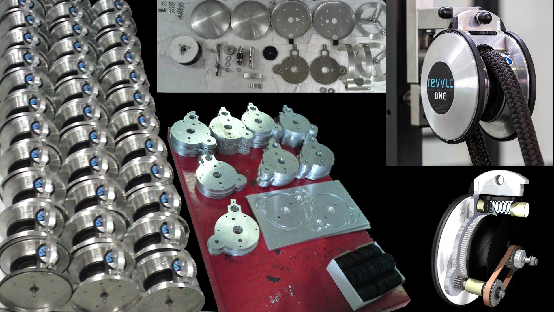 Collage of shiny metal parts and white industrial components on a red cloth, plus close-ups of circular hardware.