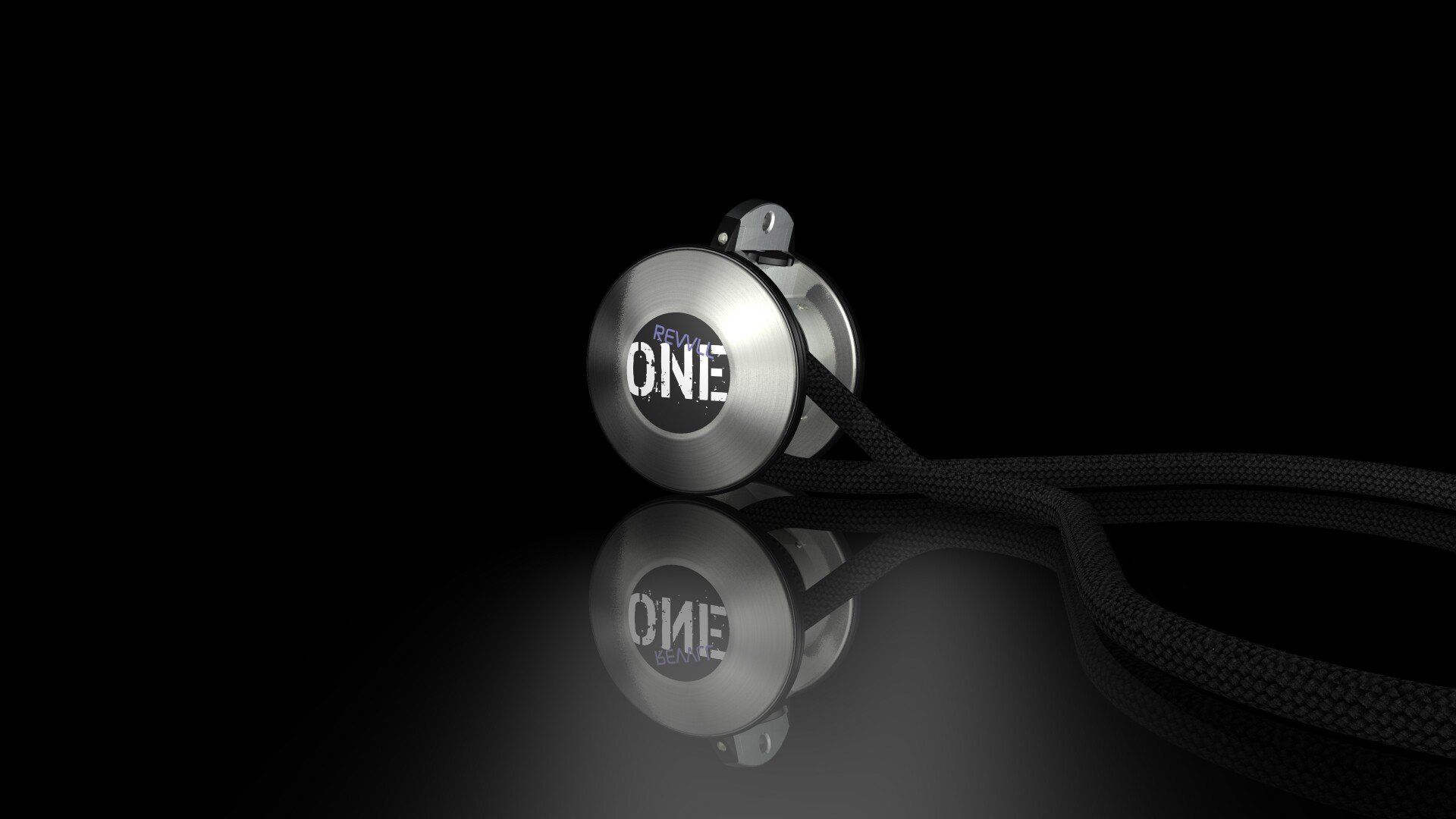 Silver Onee earbud with black cable on a glossy black background, reflected beneath it.