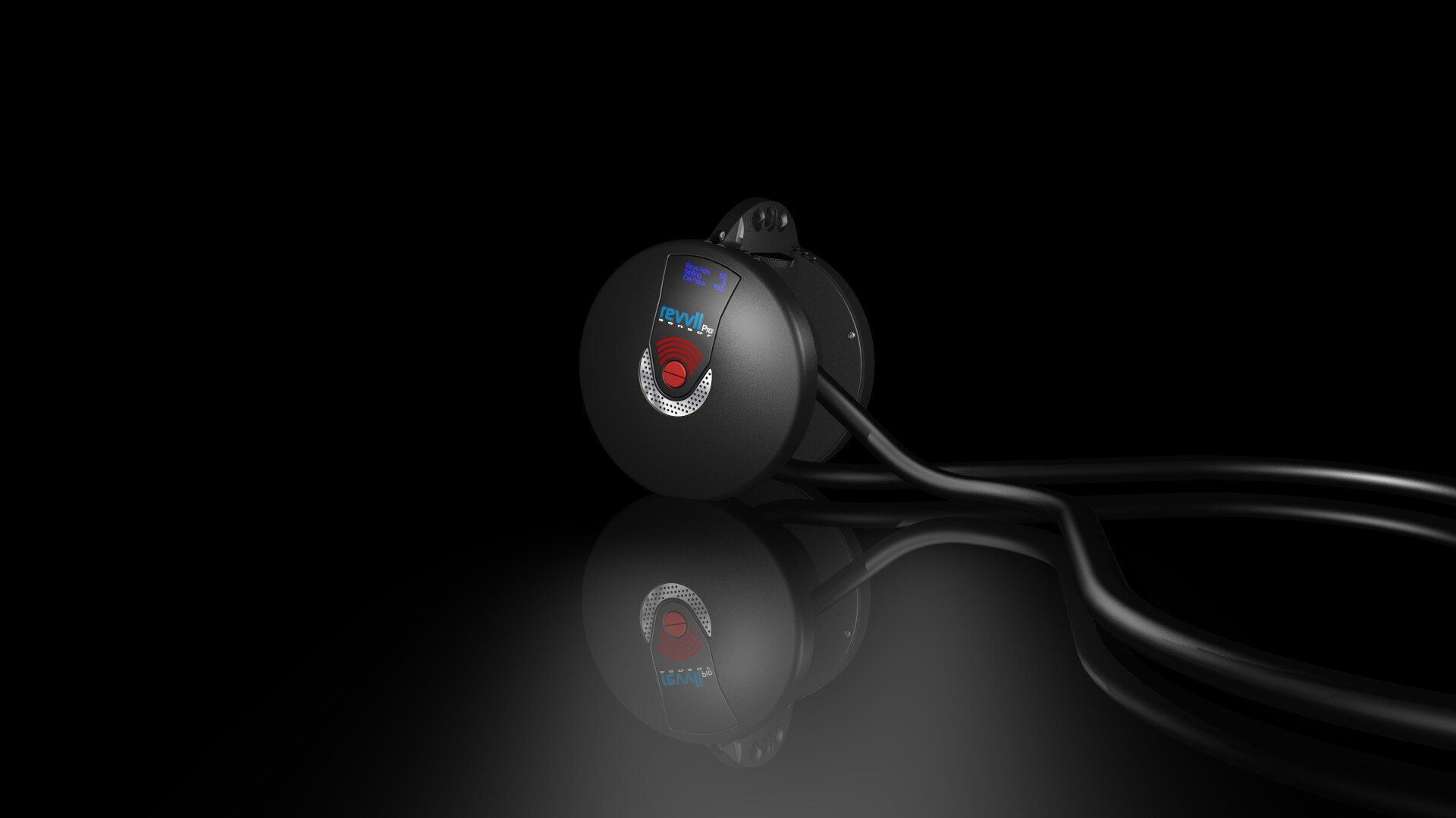 Black wired earbud with reflective surface and red-blue logo on a glossy black background.