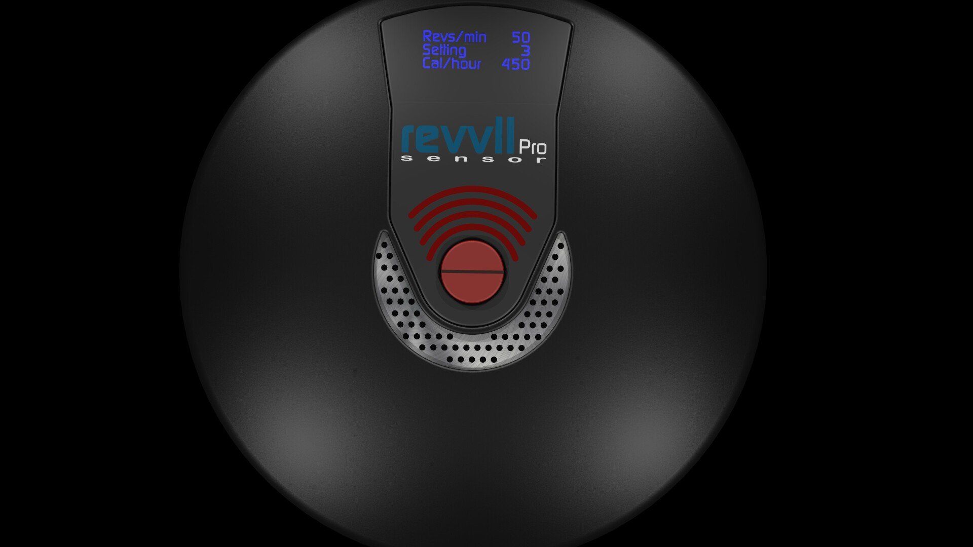Black oval device with small blue display, central speaker grille, and red circular button