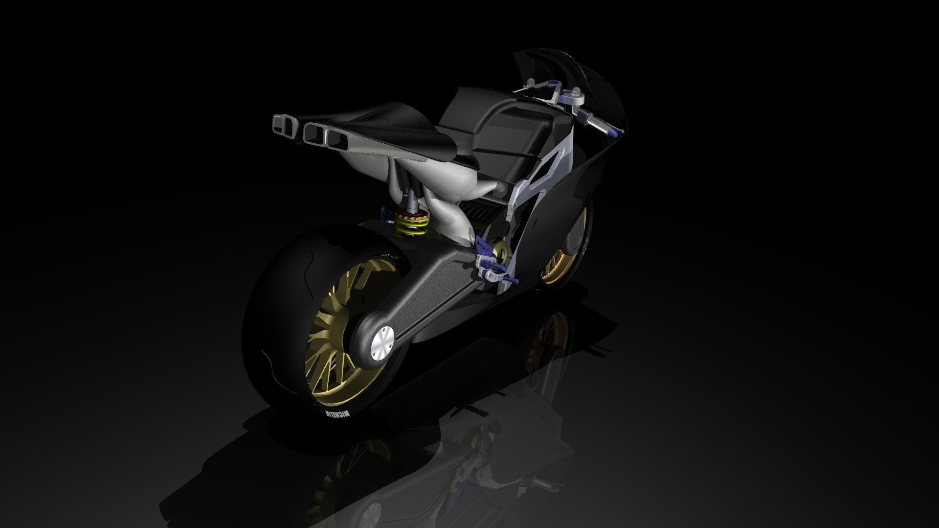 Black-and-silver sport motorcycle on a dark background, shown in a studio-style 3D render.