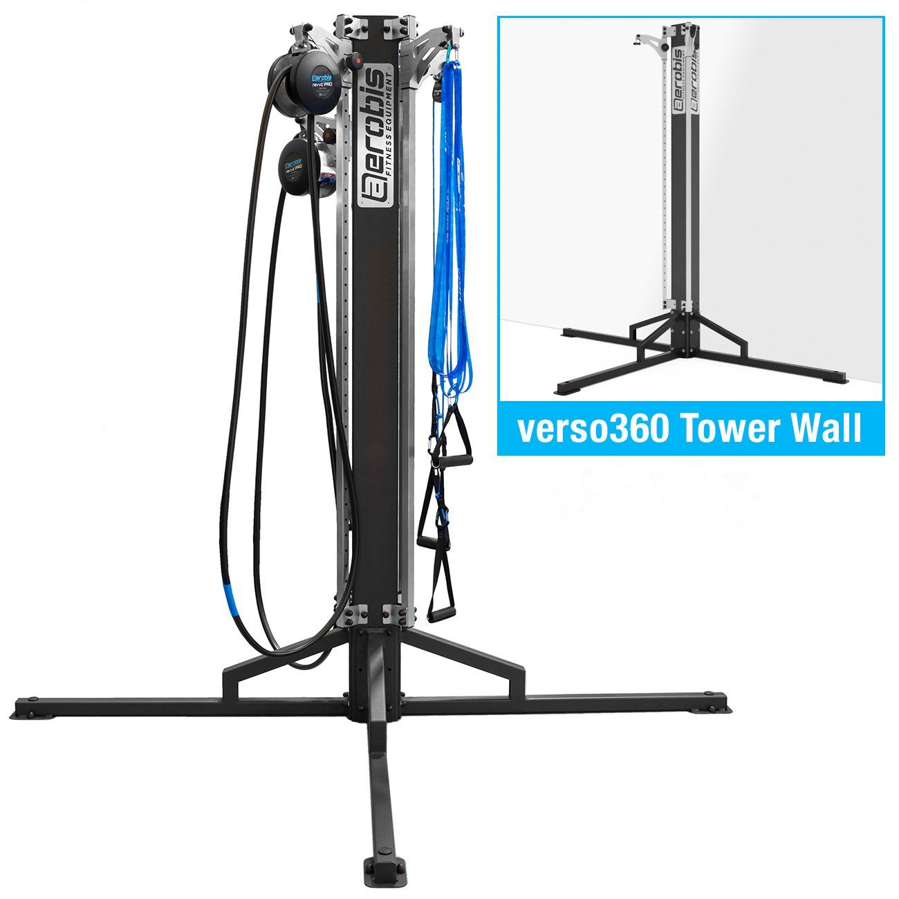 Black cable tower exercise machine with blue straps and base, plus inset showing wall-mounted version.