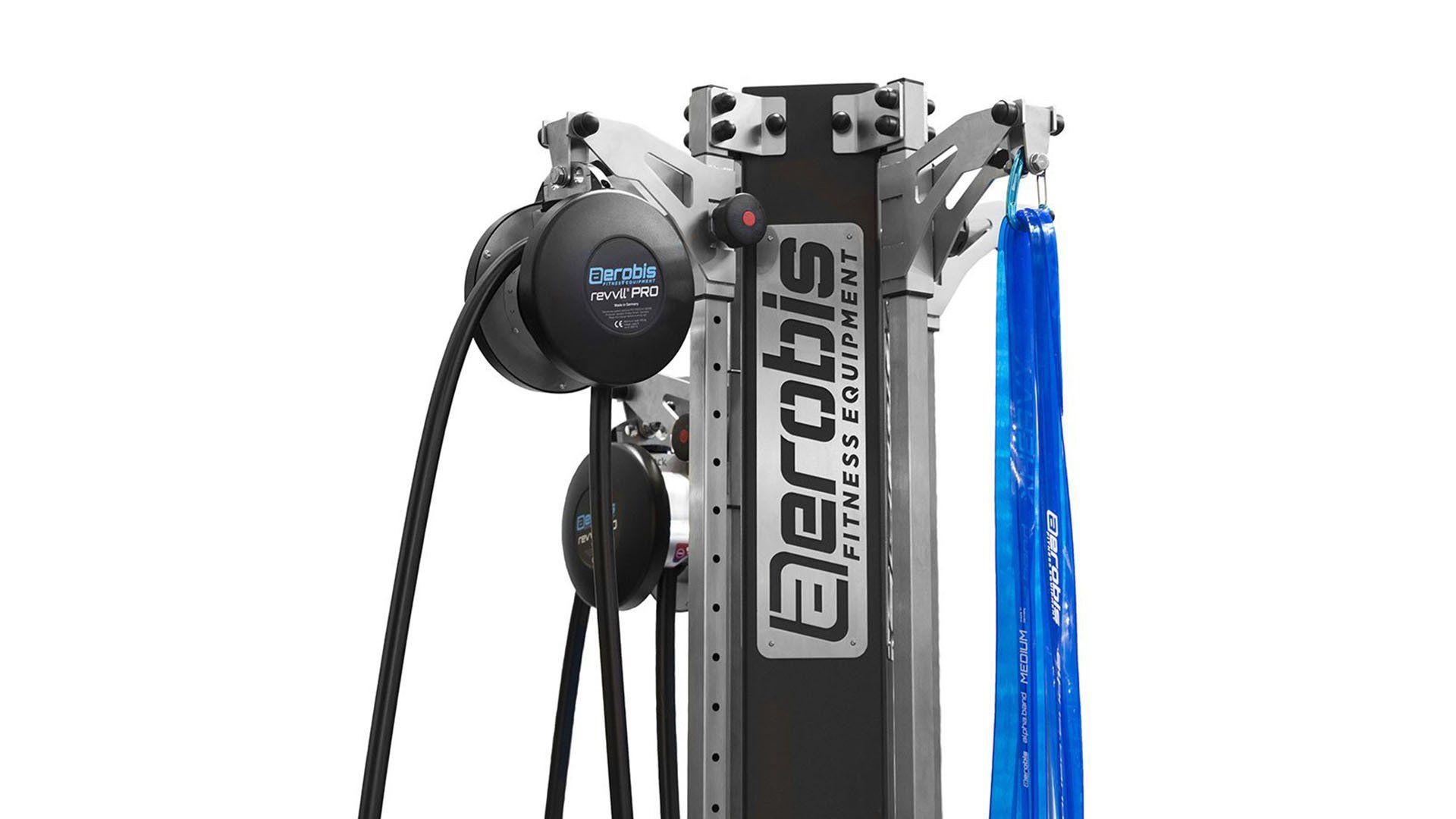 Aerobis exercise machine with black cables and blue resistance bands on a white background