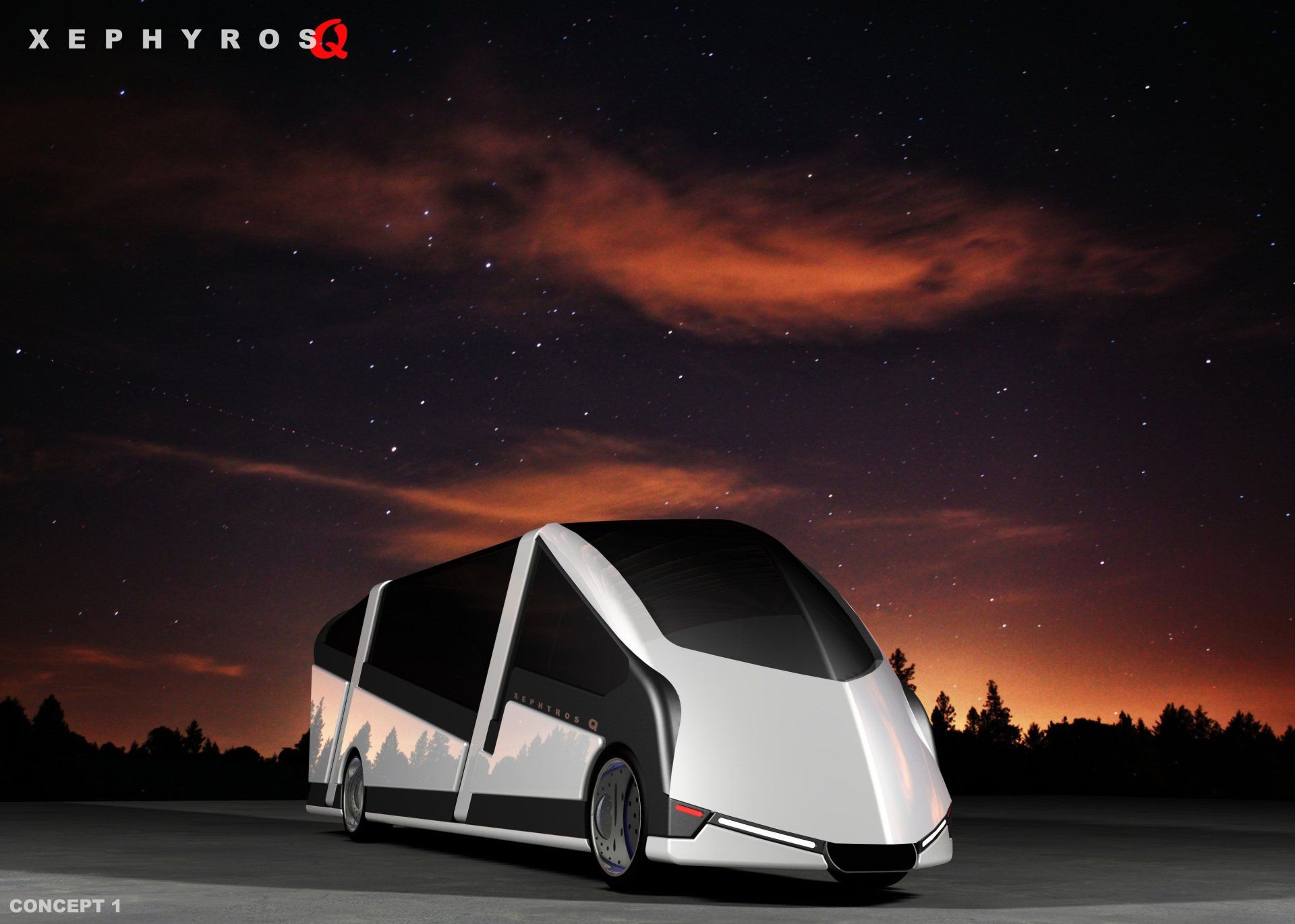 Sleek futuristic white and black bus on a road under a starry sunset sky