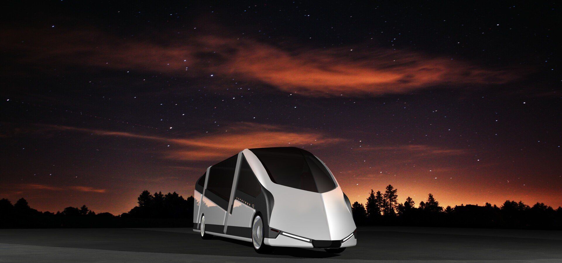 White futuristic camper van on a road at dusk under a purple-orange sky