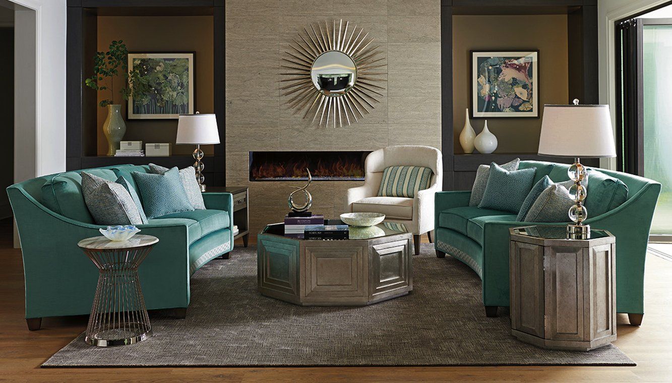 Inviting Living Room Featuring Art Deco Mirror