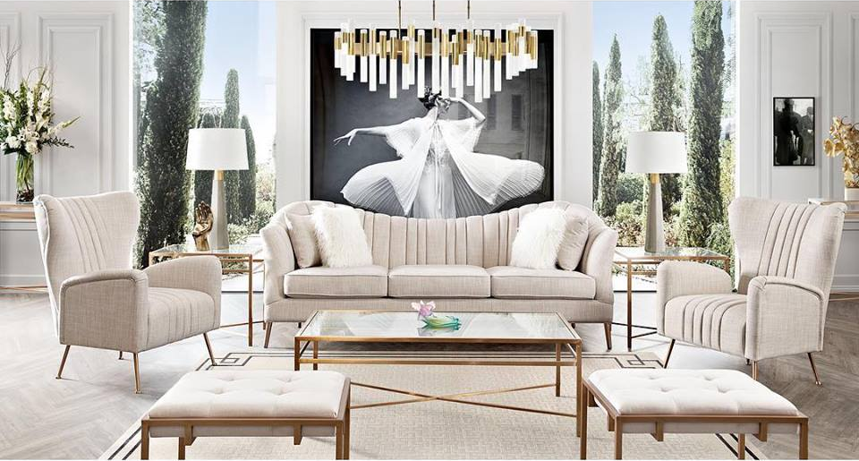 Stylish Living Room Furniture and Hanging Chandelier