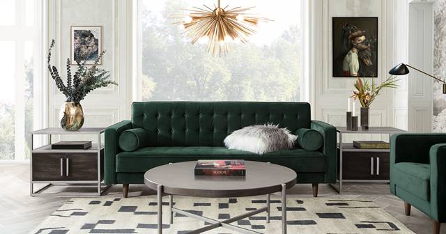 Modern Living Room Featuring Dramatic Chandelier