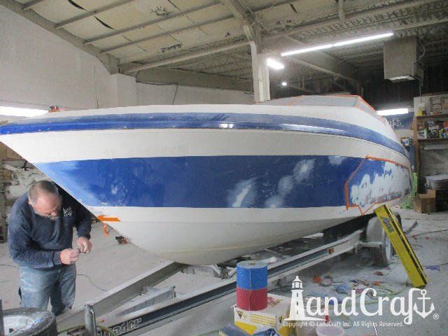 Wellcraft boat in process of exterior fiberglass and gelcoat repair