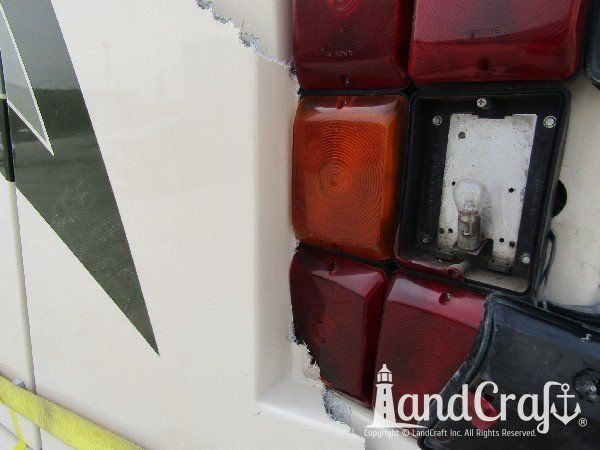 Country Coach motor coach with major rear end structural damage