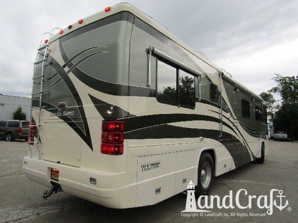 Country Coach motor coach with rear end repaired and refinished