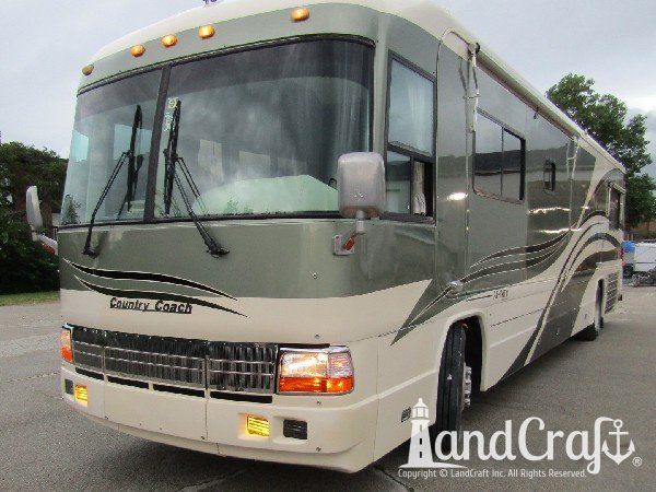 Country Coach motor coach with front end repaired and refinished