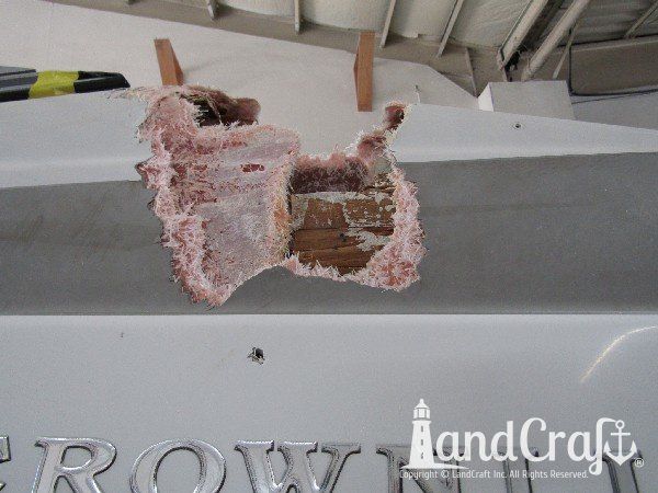Crownline boat with structural damage exposed in the repair process