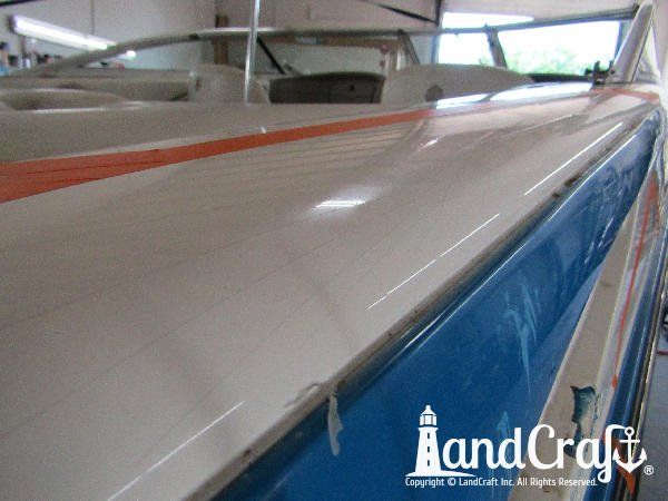 Fiberglass damage and gelcoat scratches in the repair process on a Bryant boat