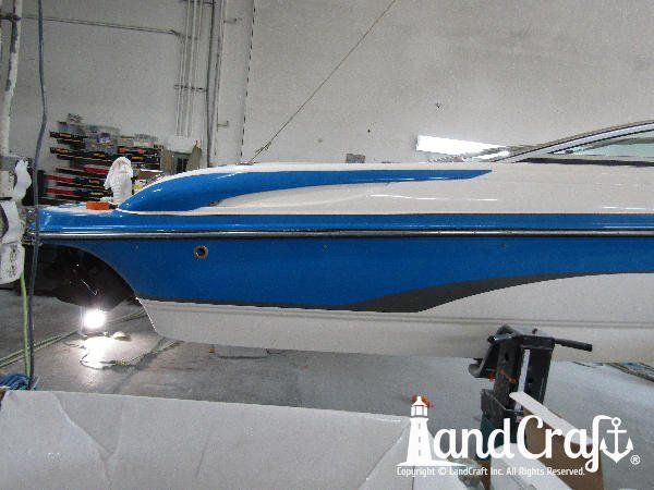 Fiberglass damage and gelcoat scratches in the repair process on a Bryant boat