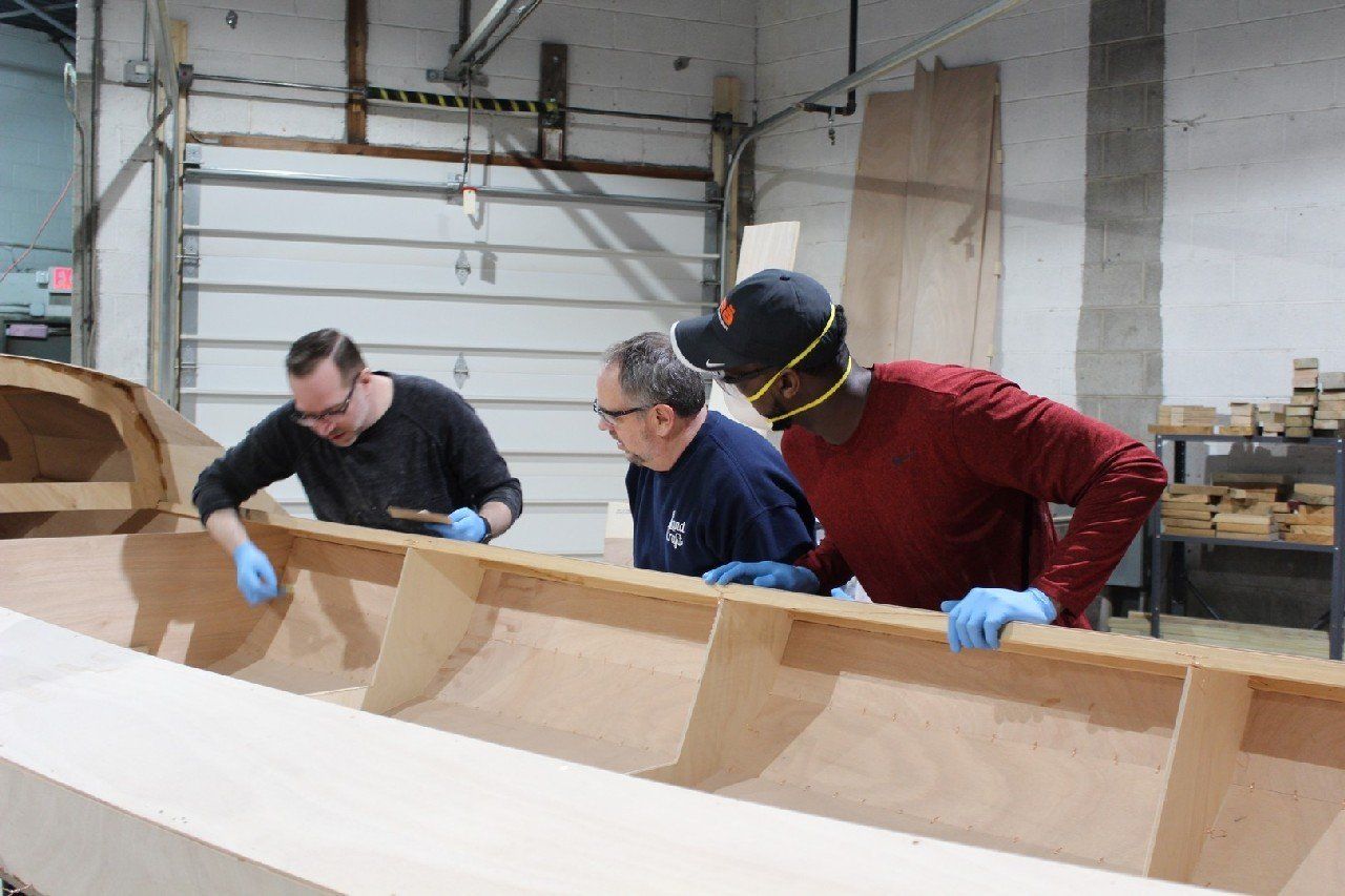 Row4Kids boat in build process with Keith Lekberg and Charles Tillman