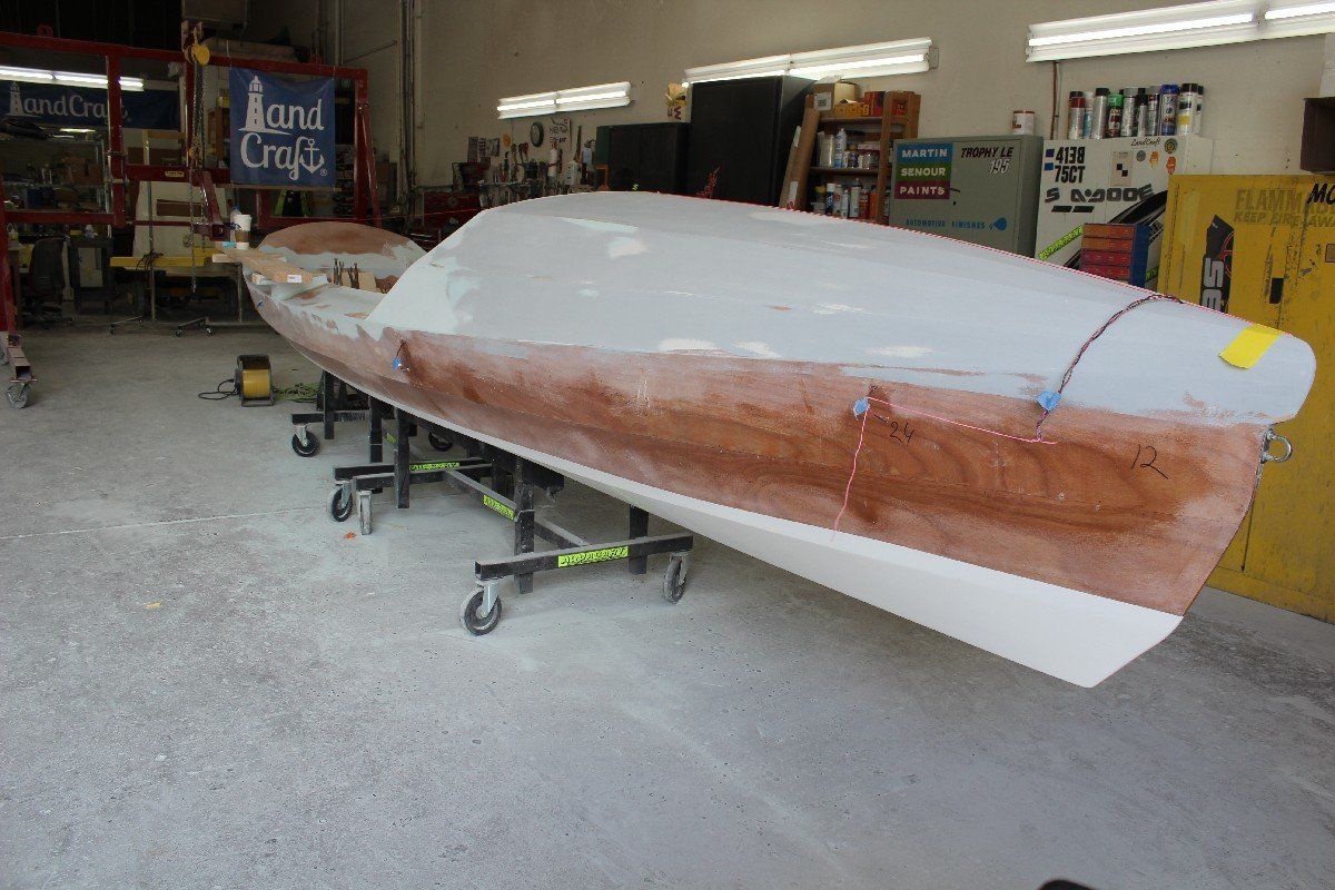 Row4Kids boat is being prepared for refinishing stage at LandCraft