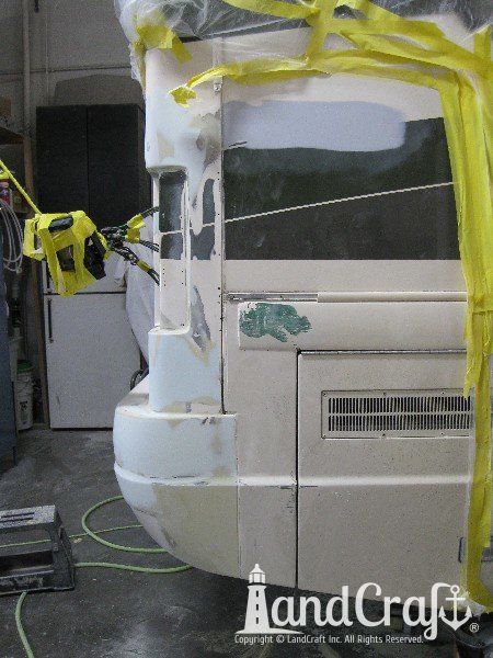 Country Coach motor coach with rear end fiberglass damage in the repair process