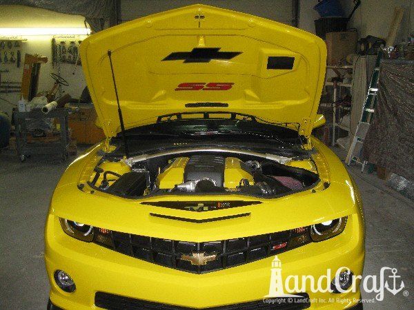 Fiberglass Chevy Camaro hood with body work, paint work and rally stripes by Keith at LandCraft