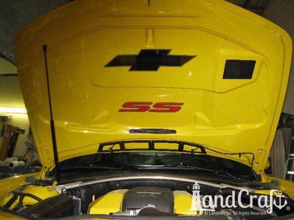 Fiberglass Chevy Camaro hood with body work, paint work and rally stripes by Keith at LandCraft